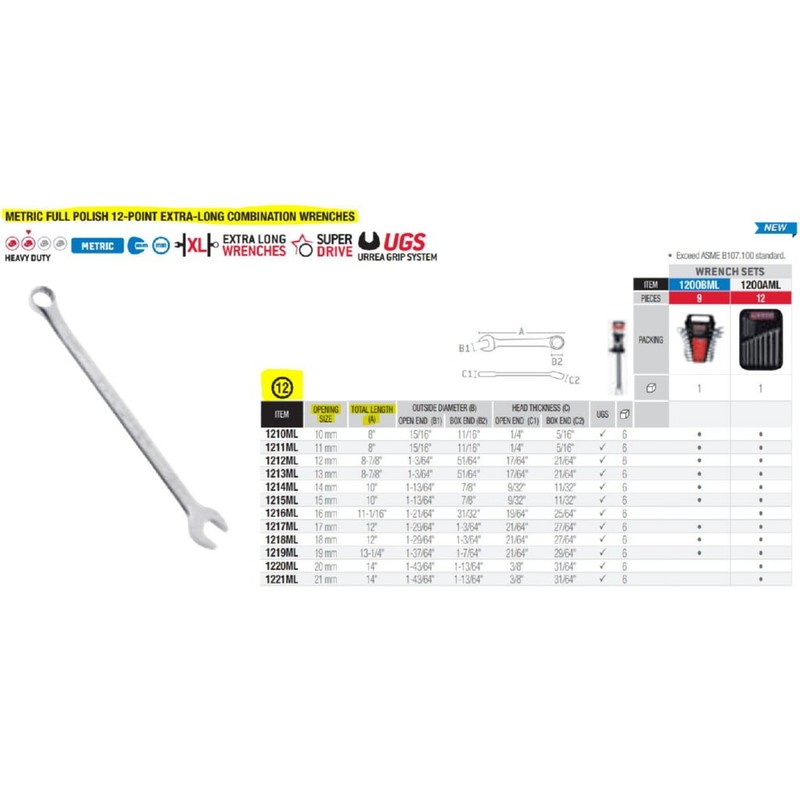 Urrea 1217ML Chrome Extra Long Combination Wrench 12 Point 17 mm gallery
