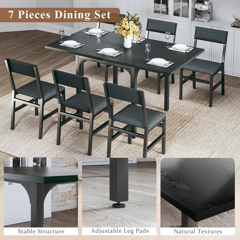7-Piece Dining Table Set for 4-6, Extendable Kitchen Table Cushion Chairs Set of gallery