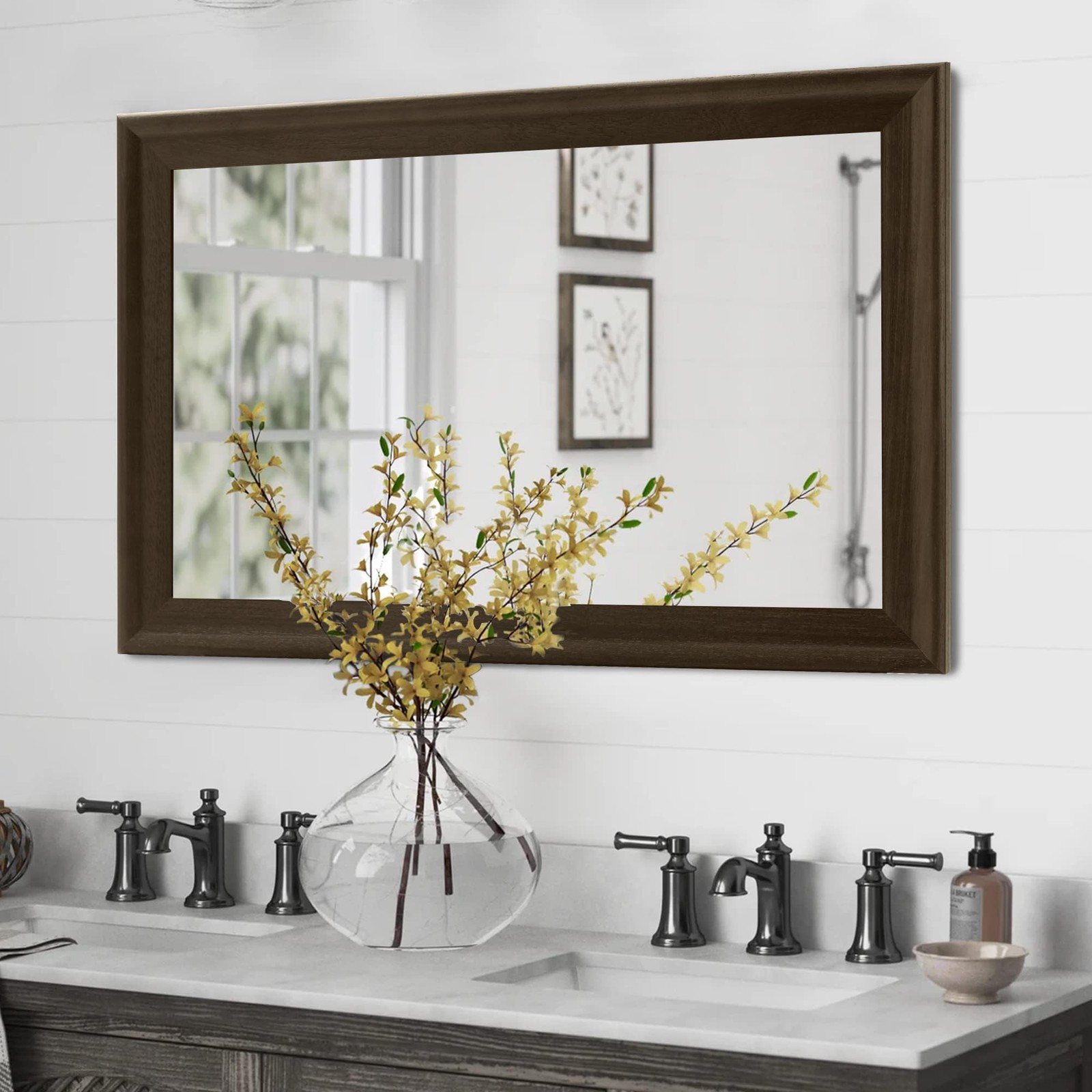 Mirror 24 x 36 inch Rustic Wood Frame Dark Walnut Bathroom CULER Wall Rectangle gallery