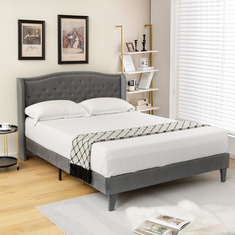 Full Upholstered Bed Base Bed Frame w/ High Density Sponge Padded Headboard Grey gallery