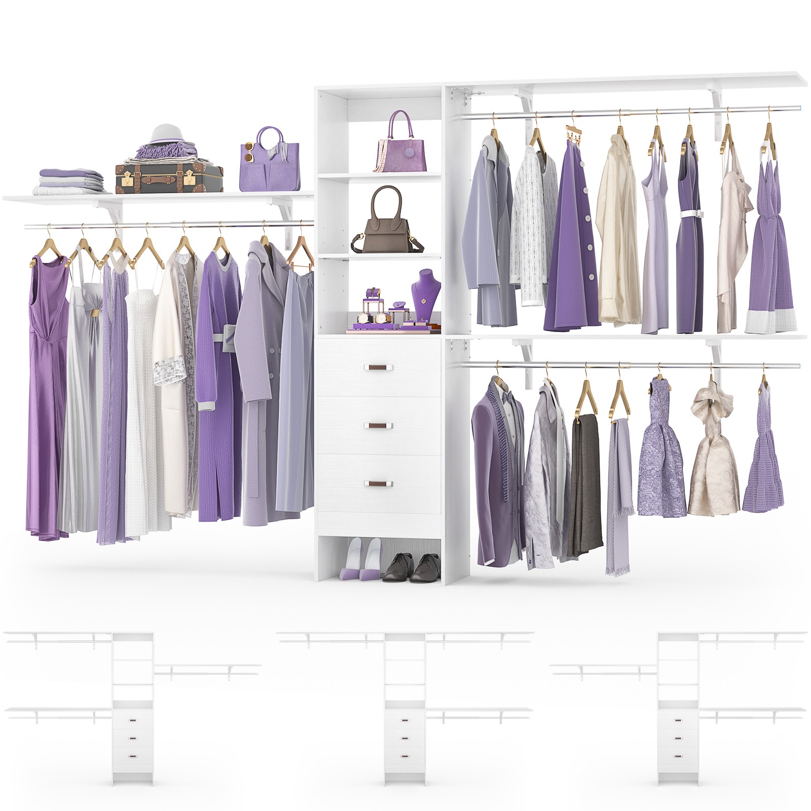 10FT Walk In Closet Organizer System with 3 Shelving Towers and 3 Hanging Rods gallery