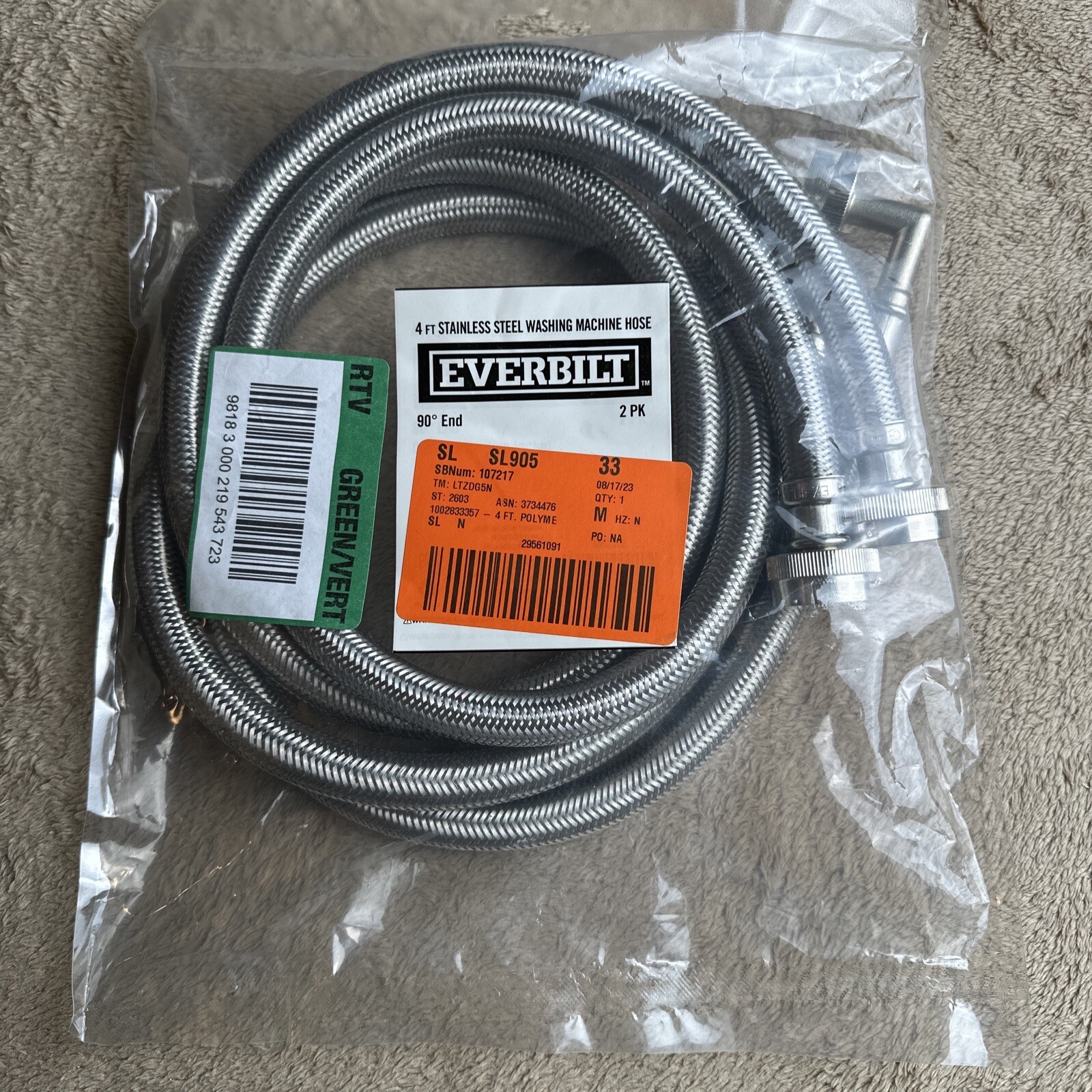 2 Everbilt Stainless Washing Machine Hoses 4 Ft 90 Degree End 69003HD B4 gallery