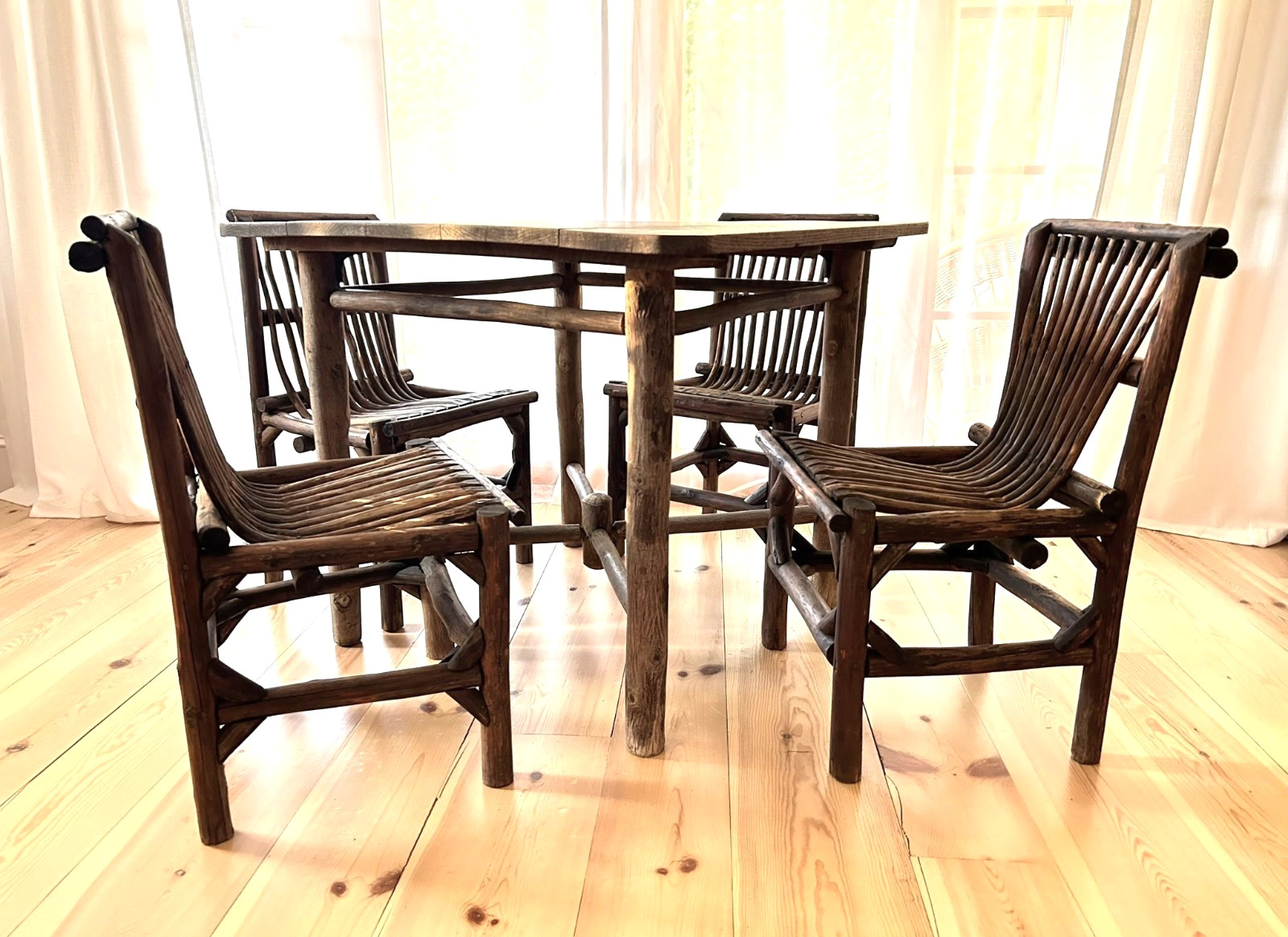 Vtg Handmade Hickory Rustic Lodge Hickory 5-Pc Dining Set Table with 4 Chairs gallery