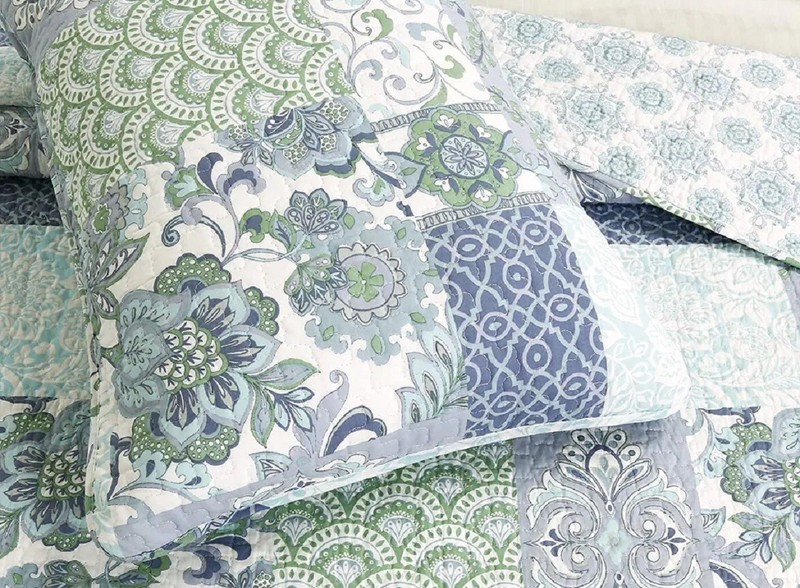 Quilt Set Twin Patchwork Floral Blue Green Reversible Cotton 2 Piece Bedding gallery