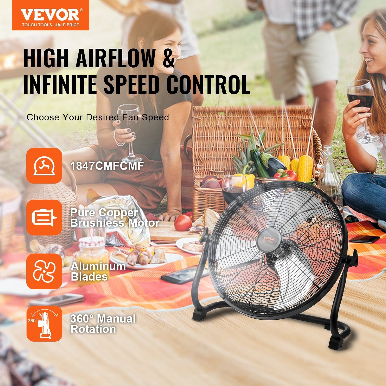 Portable 16in Rechargeable Fan: Stepless Speed, 15600mAh, Aluminum Blades gallery