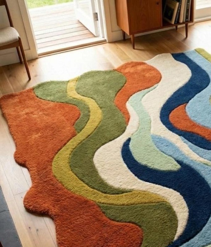 Modern Abstract Wave Rug Irregular Shape Navy Rust Sage Green Large Living Room gallery