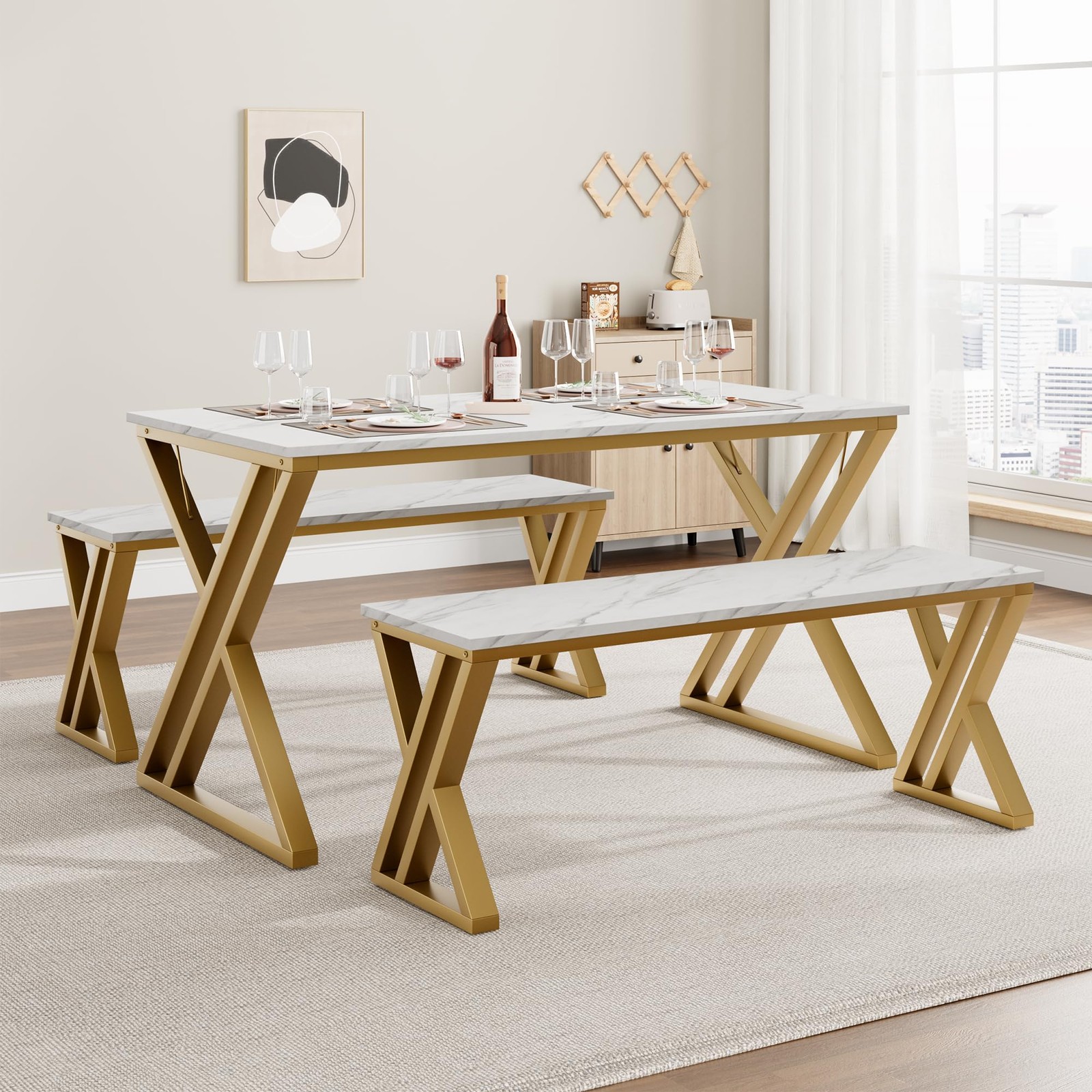 Dining Table Bench Set for 4, Kitchen Table Set With 2 Benches, Rectangular D... gallery
