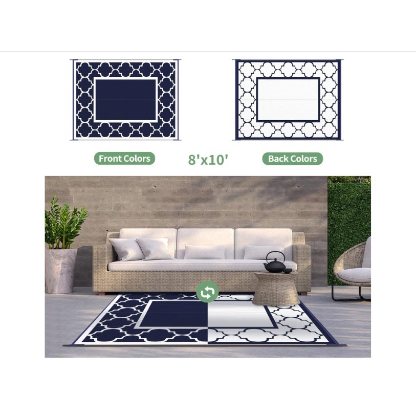 8'x10' Outdoor Rug Waterproof Patio Foldable Reversible Plastic - Blue / White gallery