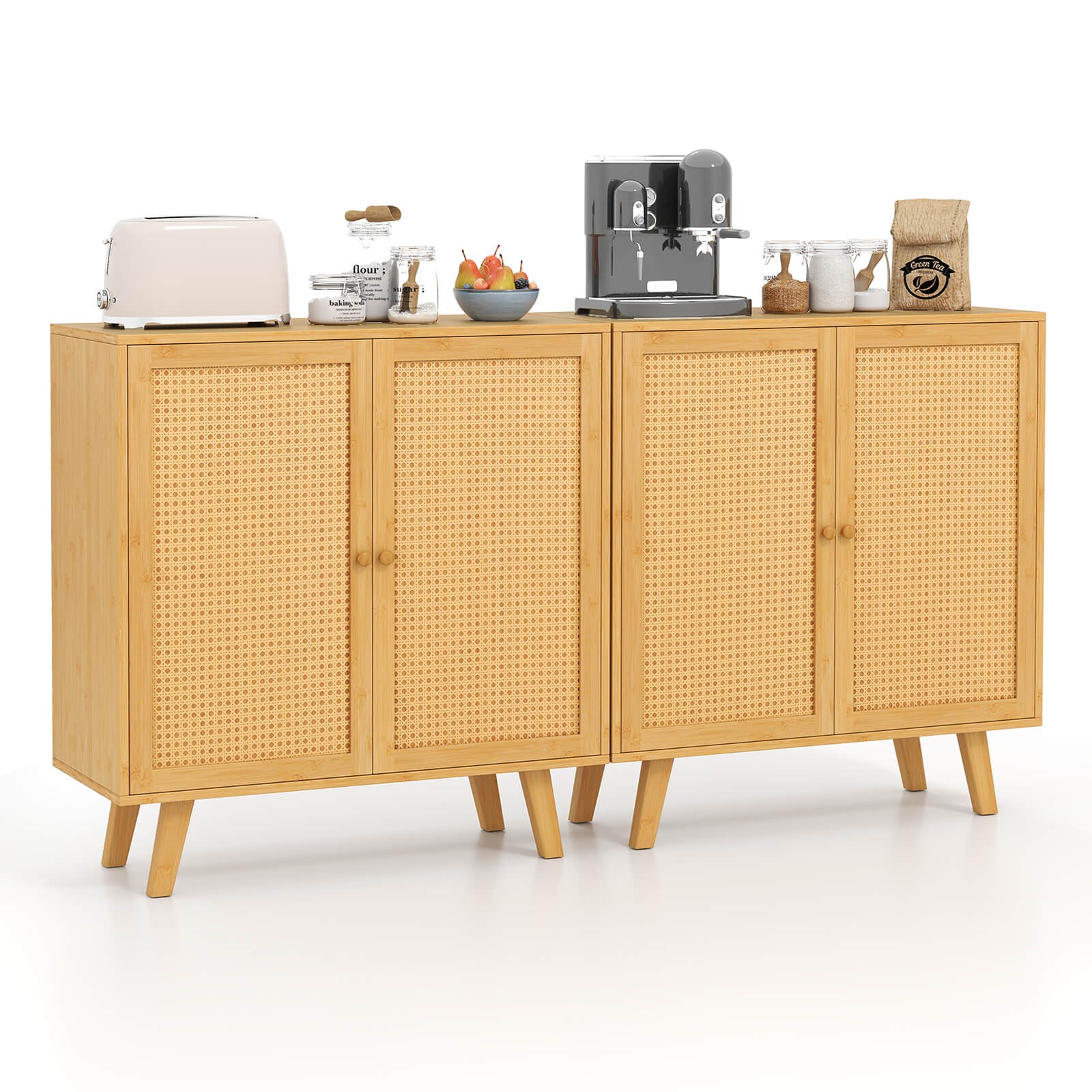 2PCS Bamboo Buffet Cabinet with PE Rattan Doors Freestanding Kitchen Cupboard gallery
