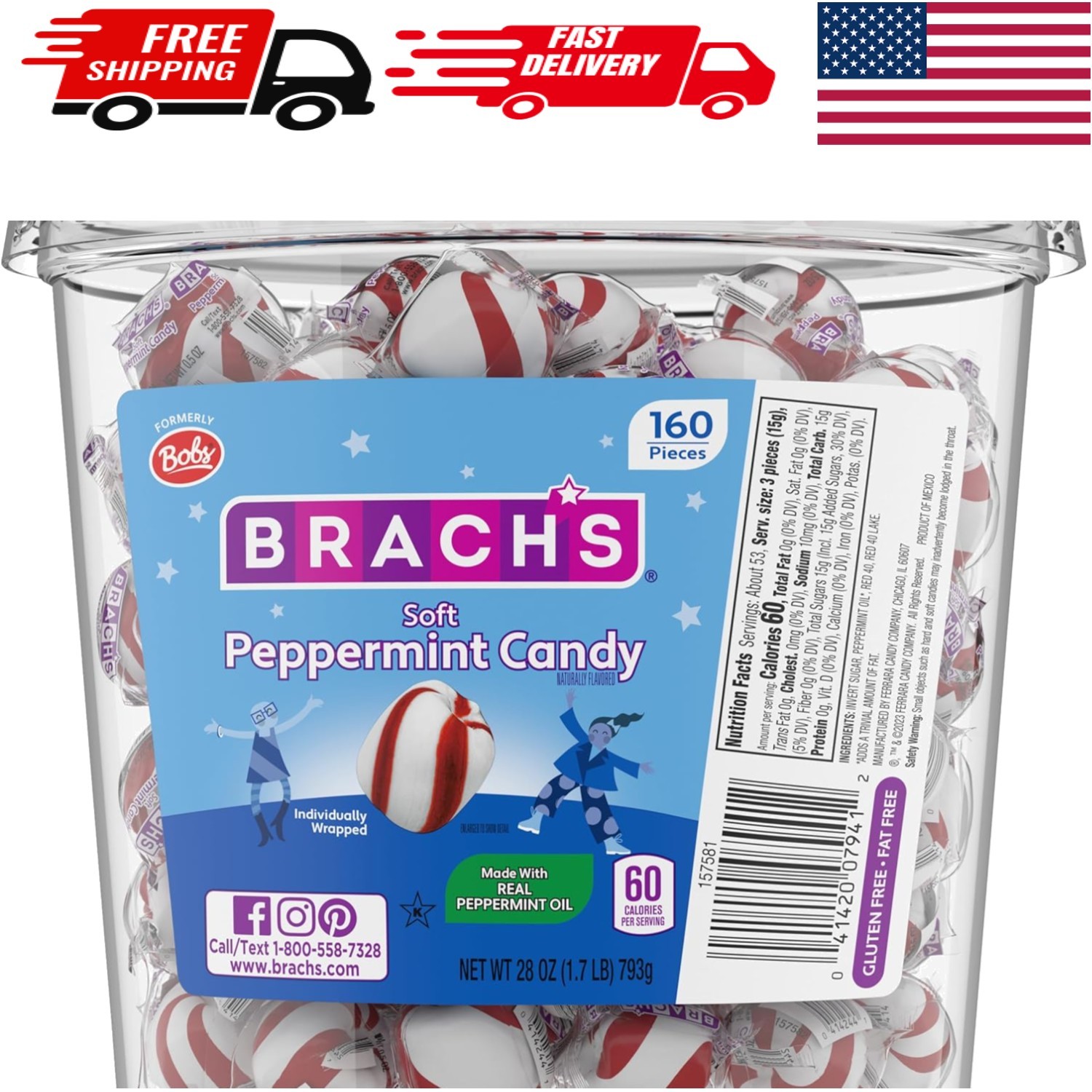 Fresh Peppermint Candy Jar - 28 Oz with 160 Soft, Individually Wrapped Pieces gallery