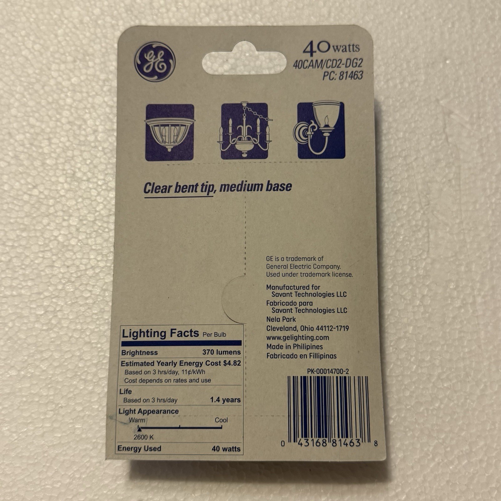 GE Light Bulbs 40Watts Bent Tip Crystal Clear Medium Base Decorative 2-pack NEW gallery