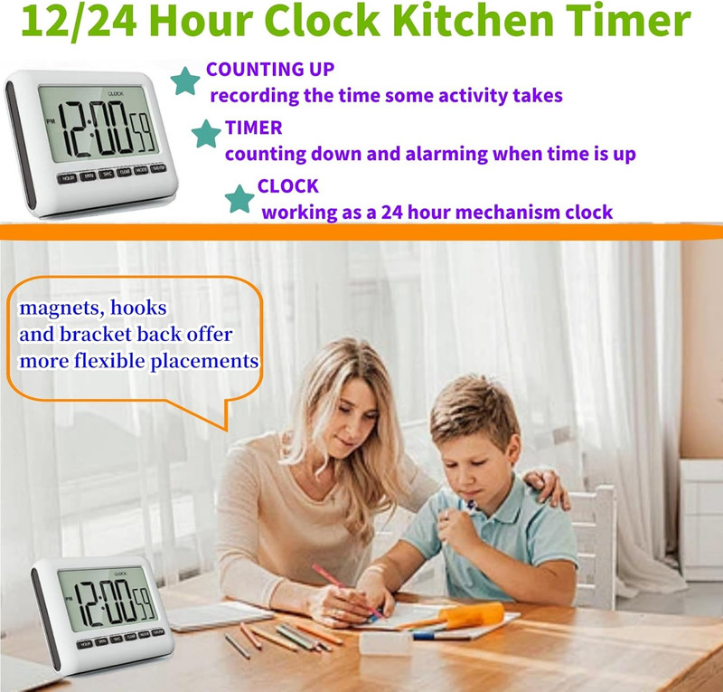 Magnetic Digital Clock for Kitchen - Timer with Alarm, 12/24 Hours, Big Screen, gallery
