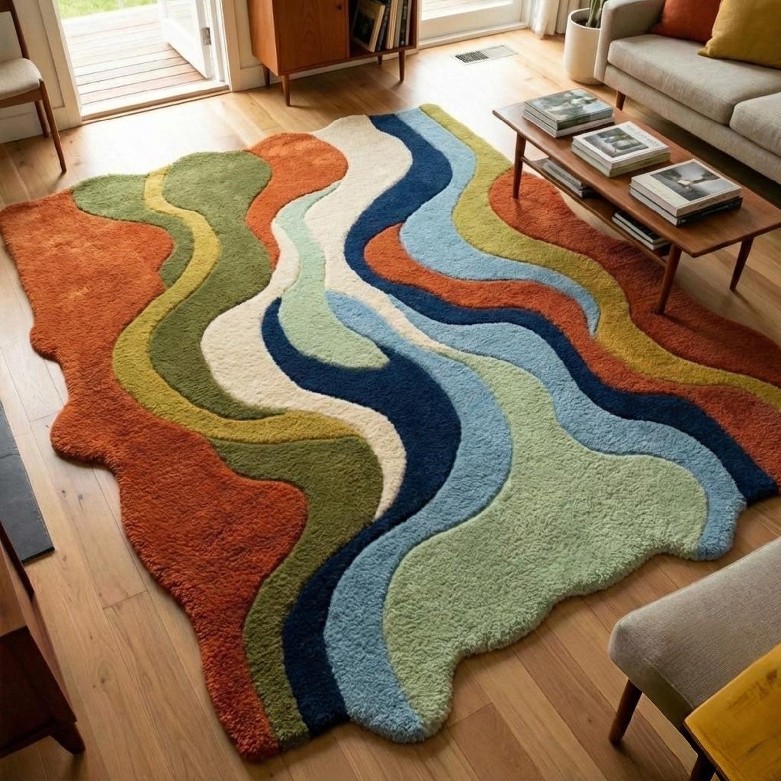 Modern Abstract Wave Rug Irregular Shape Navy Rust Sage Green Large Living Room gallery