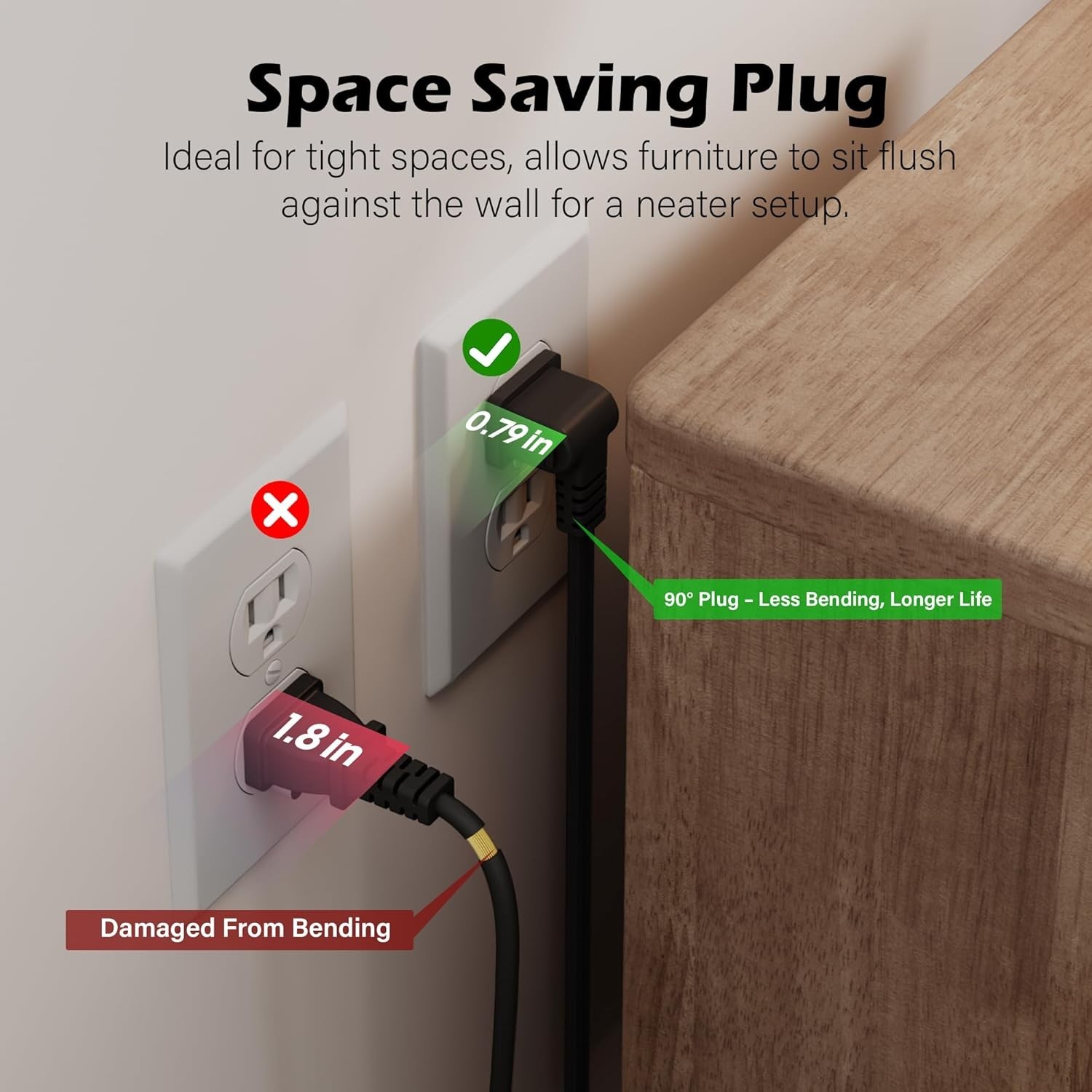 90 Degree 2 Prong Polarized Power Extension Cord 12 FT/2 Pack, Angled Low-Pro... gallery