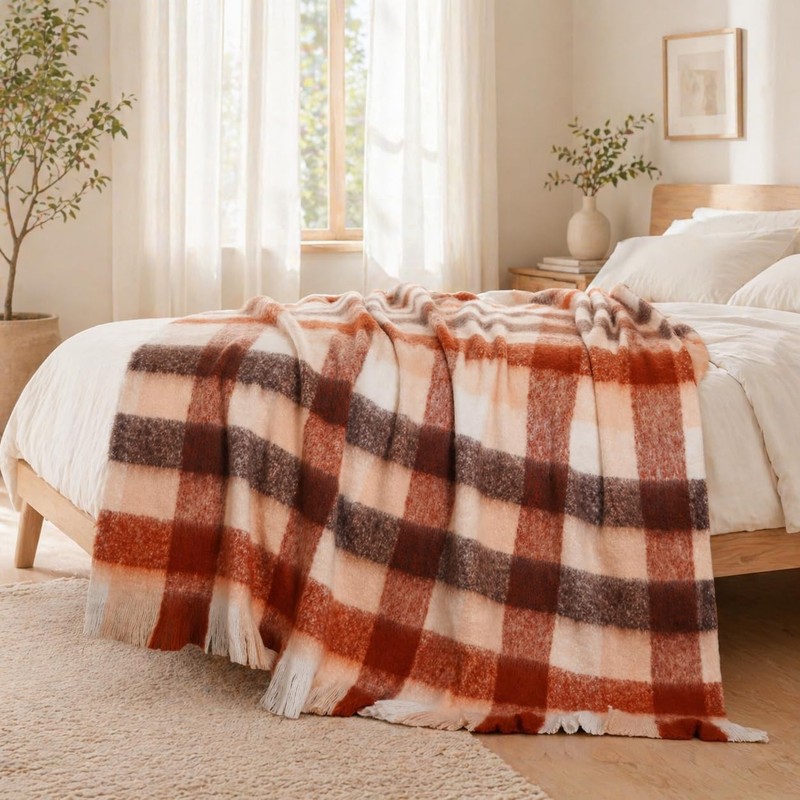 Rust Plaid Throw Blanket for Couch Bed, Soft Mohair Tartan Plaid Blanket, Far... gallery