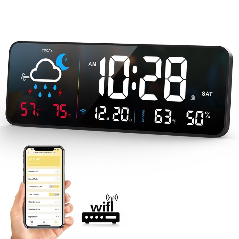 Large Digital Wall Clock with Auto-Sync, LED Alarm, Weather & Temp Display gallery