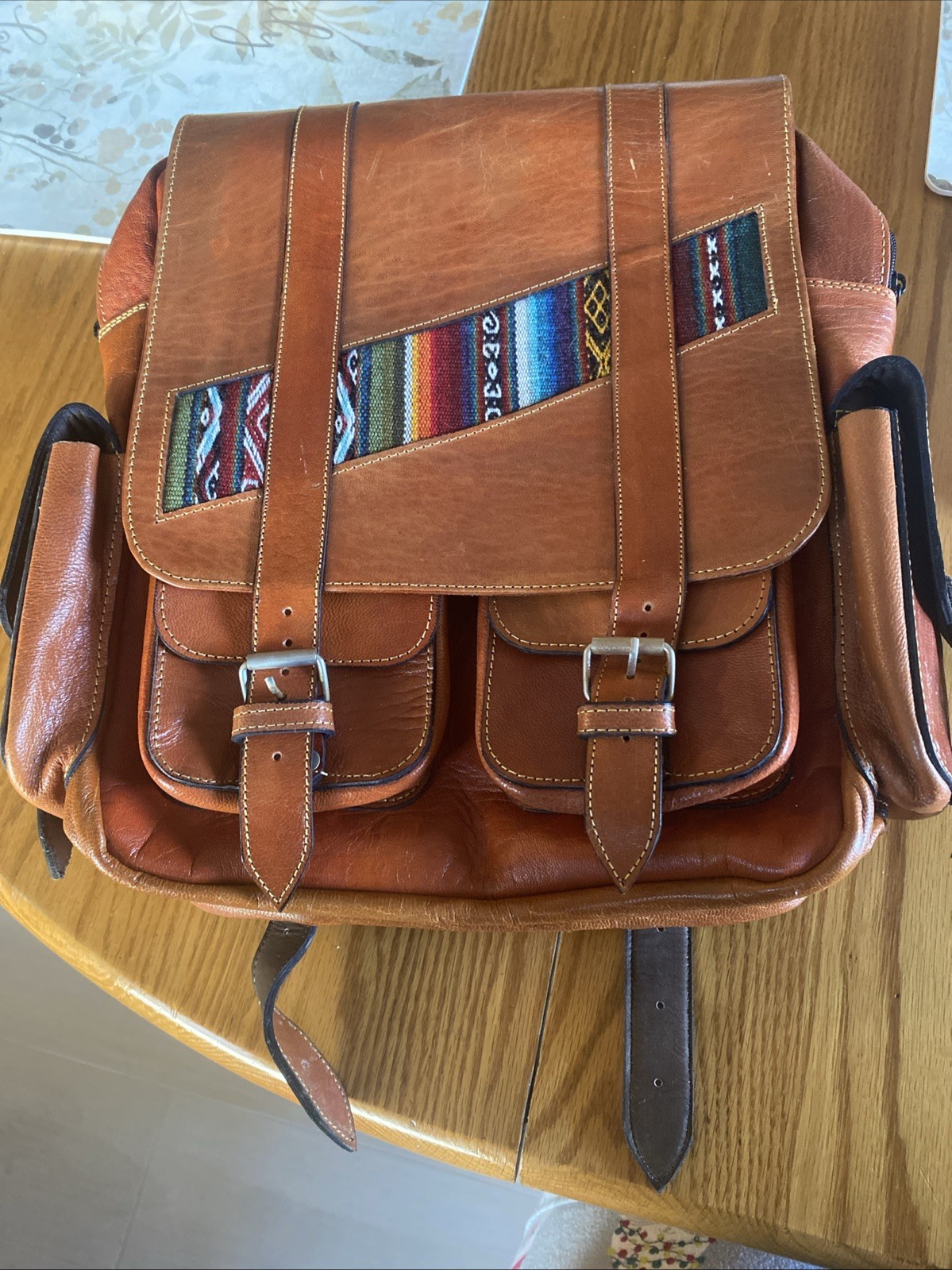 Handcrafted Brown Leather Backpack with Wool Accent, "Inca Explorer"