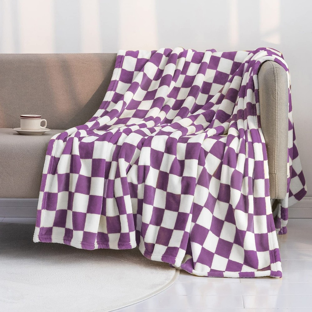 Throw Blanket Flannel Checkerboard Soft Cozy 40x60in Couch Bed Purple All Season