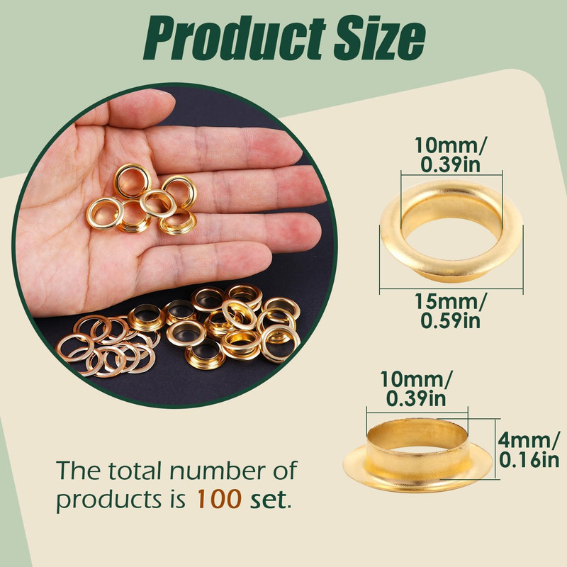 100 Sets Copper Grommets Eyelets, Gold 3/8-Inch 3/8" Grommet Solid Brass Metal E gallery