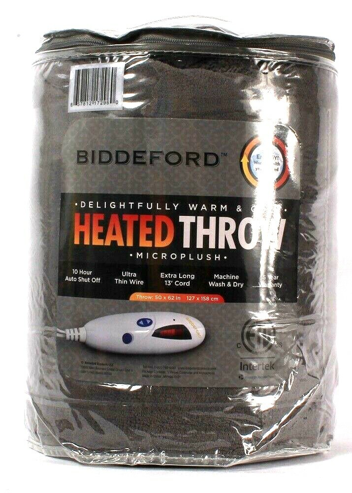 Biddeford Heated Throw Microplush Gray 50 X 62 In 10 Hr Auto Shut Off Long Cord