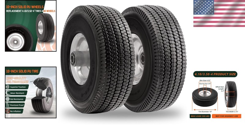 10 Inch Solid Polyurethane Tire Flat Free Wheel Set with 5/8 Inch Bearings gallery