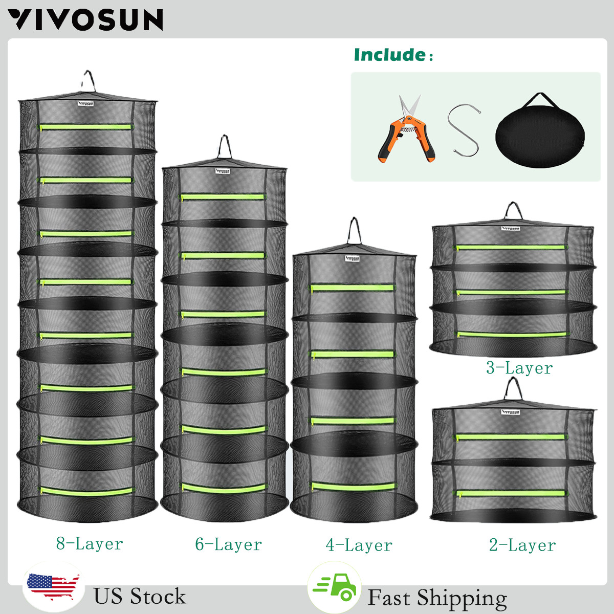 VIVOSUN 2-8 Layer Herb Drying Rack Hanging Mesh Net Zipper & Pruner Collapsible gallery