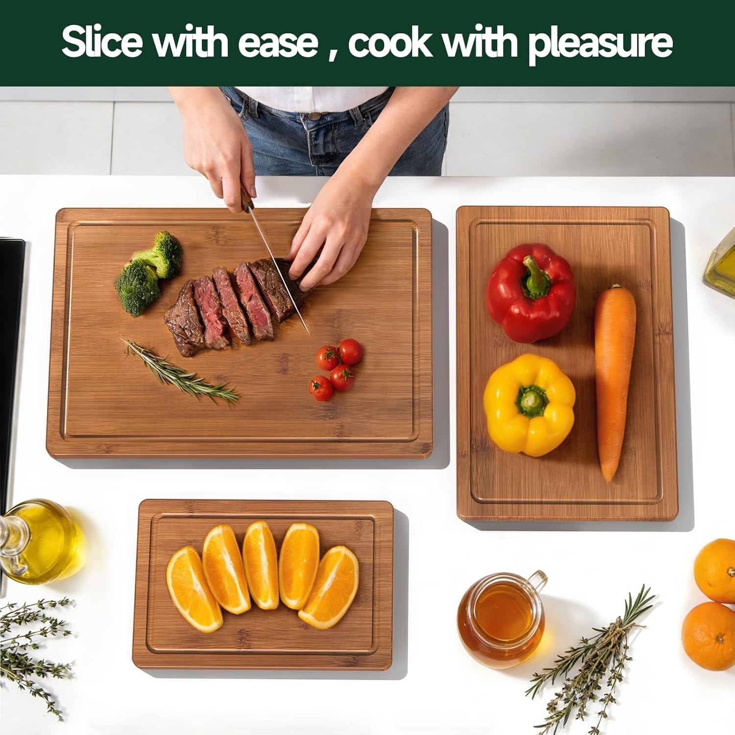 3PC Bamboo Cutting Boards Set Wood Chopping Boards w/ Juice Grooves Kitchen gallery
