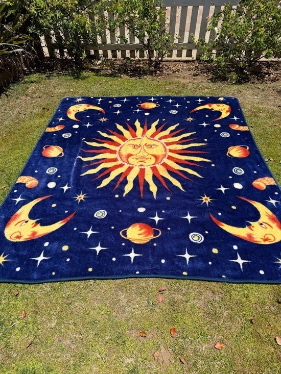 VTG 90s Celestial Sunface Moon Stars Planets Plush Blanket Whimsigoth 79x90 GUC gallery