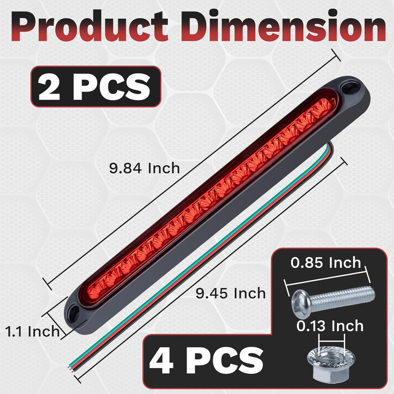 2PCS LED Trailer Tail Light Bar 10 Inch Waterproof Brake Light Strip Red gallery