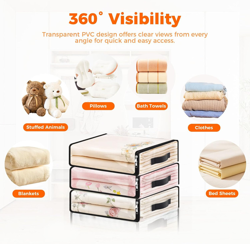 6 Pack Clear Storage Bags, Plastic Blanket Storage Bags with Zipper and Handle, gallery