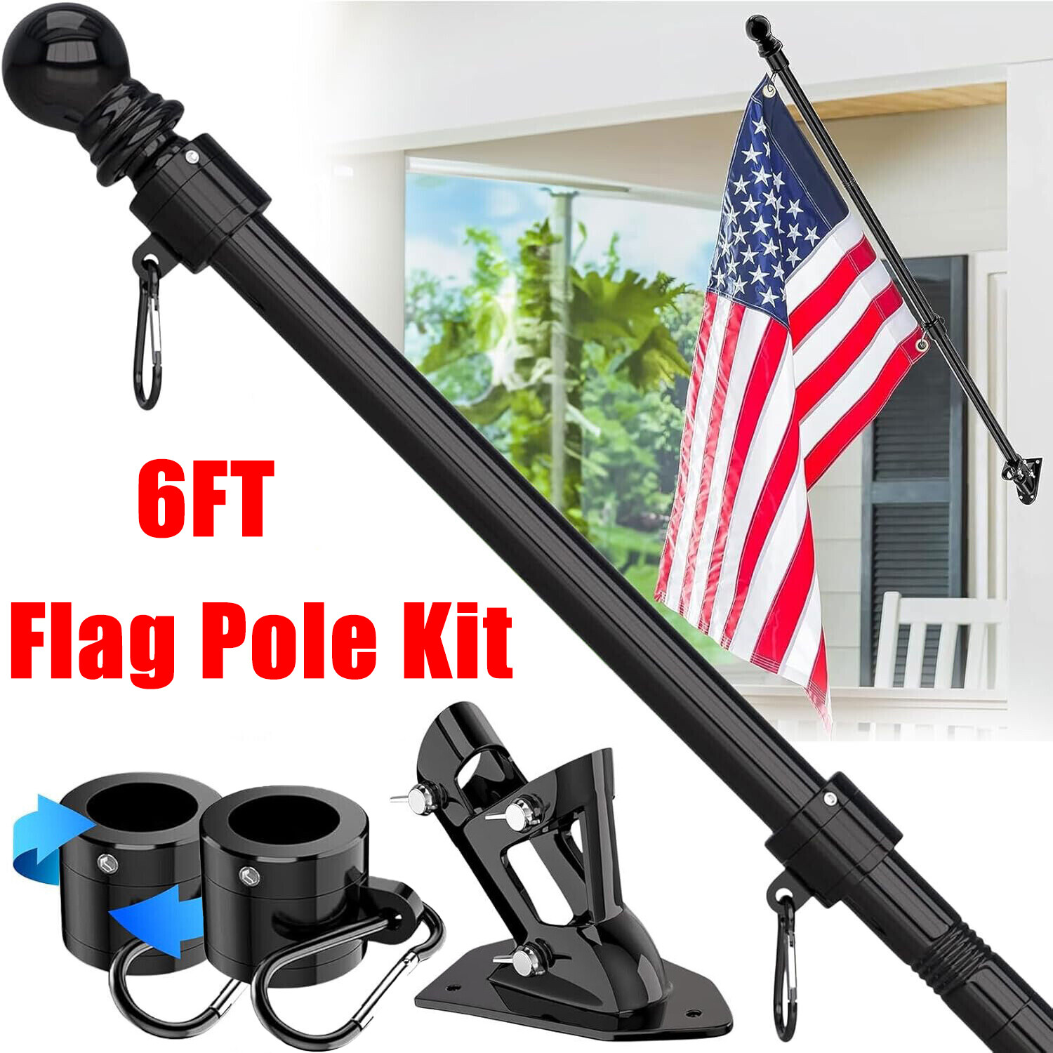 6FT Flag Pole Kit Heavy Duty Bracket Metal Pole With 2 Rotating Rings For Garden gallery