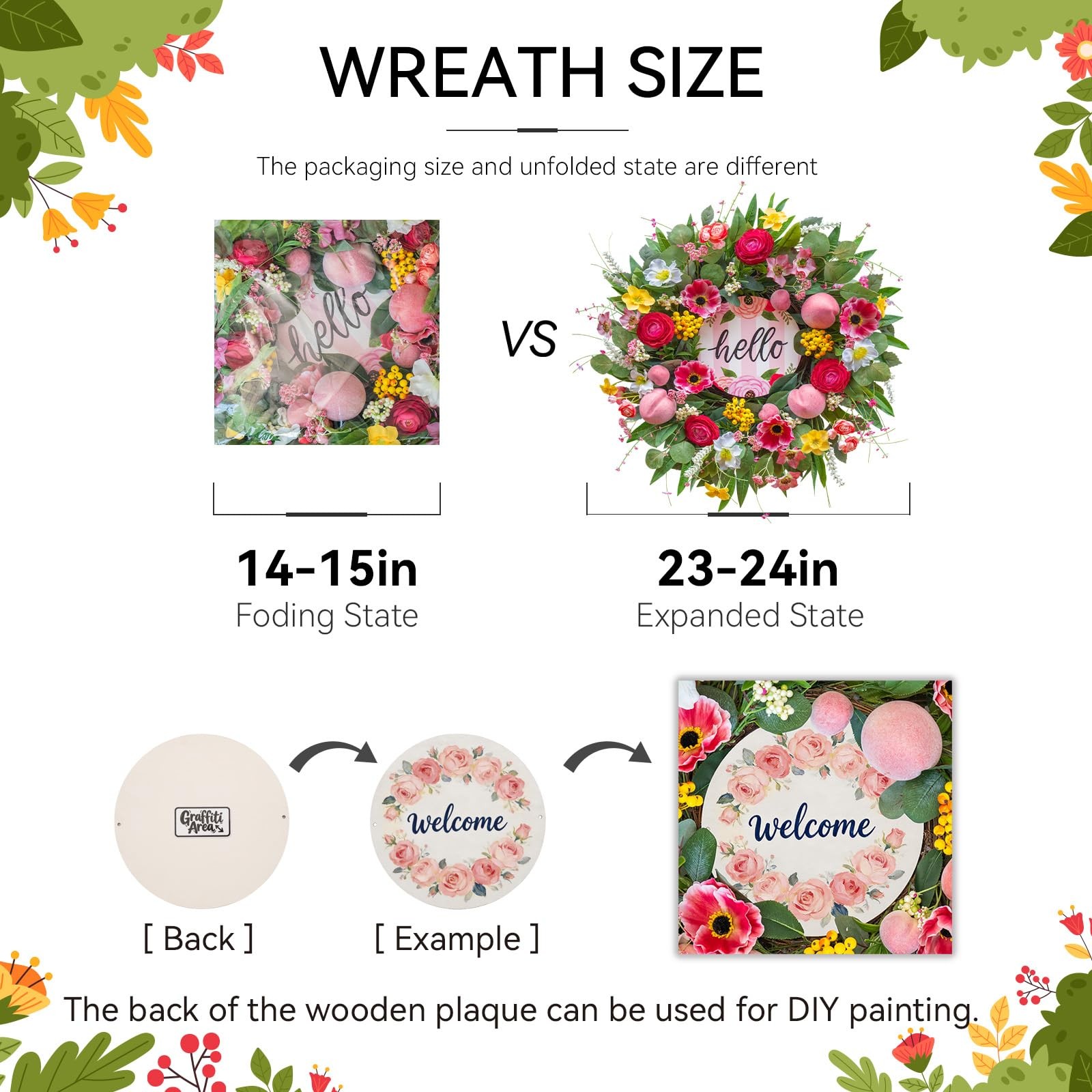 24 Inch Front Door Wreath Hello Sign Cherry Blossom Pink Roses Summer Spring gallery