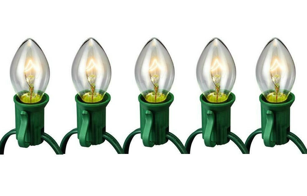 25-Light C7 CLEAR CHRISTMAS Incandescent Light Set GREEN WIRE End-To-End 1040-02 gallery