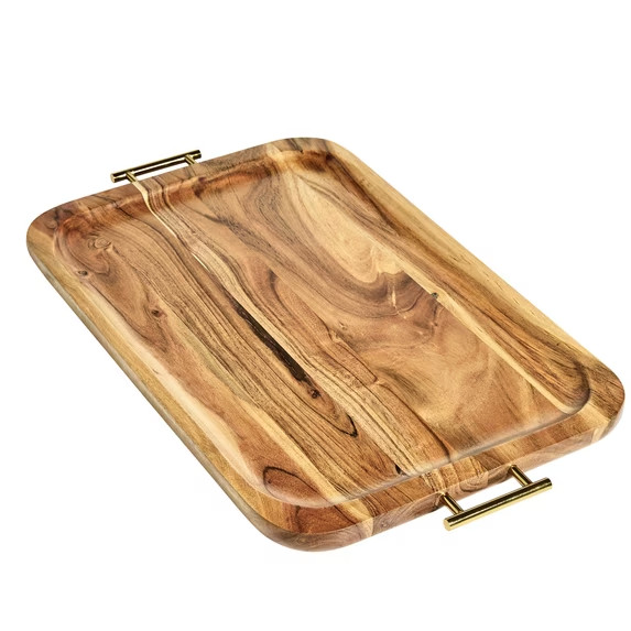 Better Homes & Gardens- Acacia Wood Rectangle Tray with Gold Color Handles, One gallery