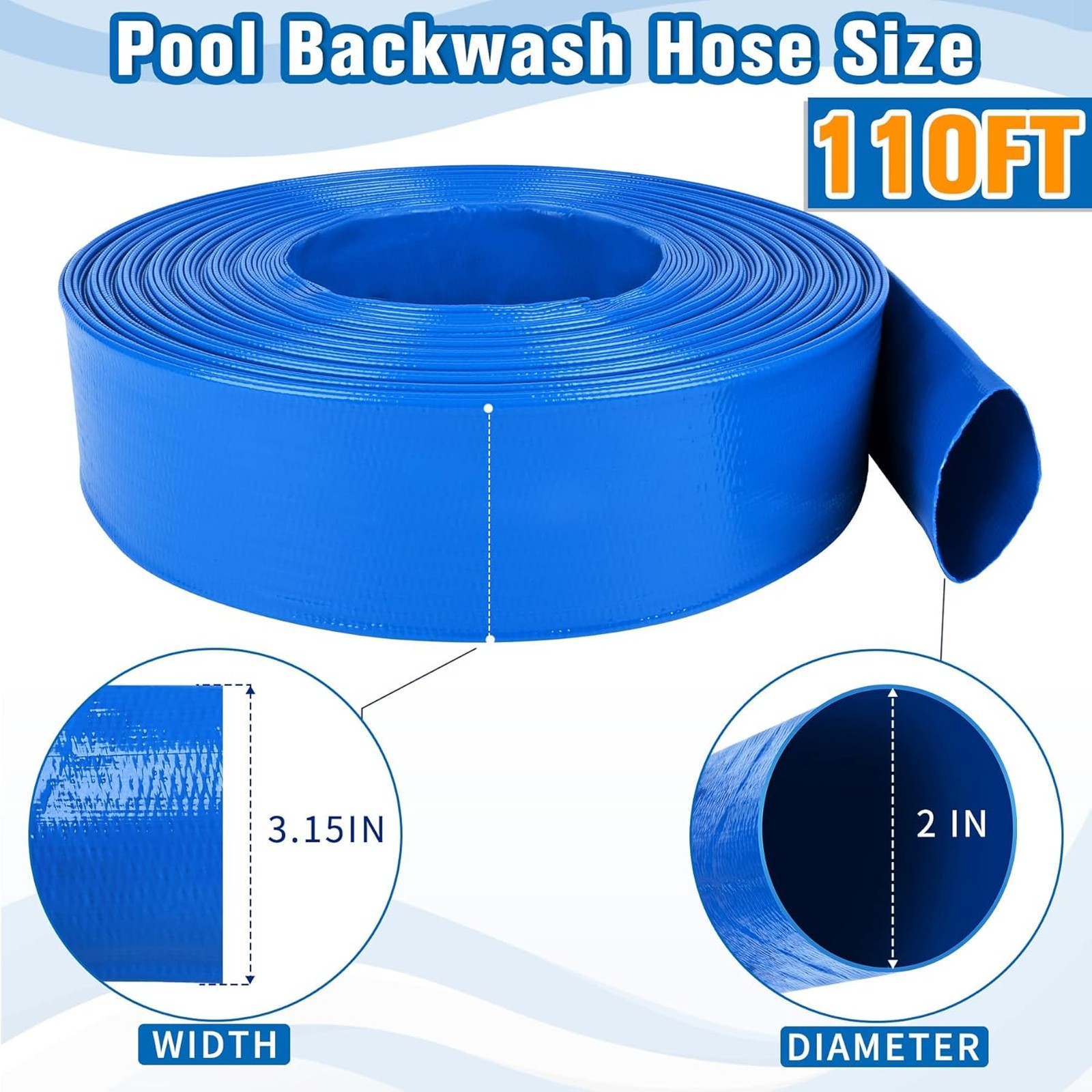 2 Inch Pool Backwash Drain Hose Heavy Duty PVC Layflat Discharge Pipe 110FT Blue gallery