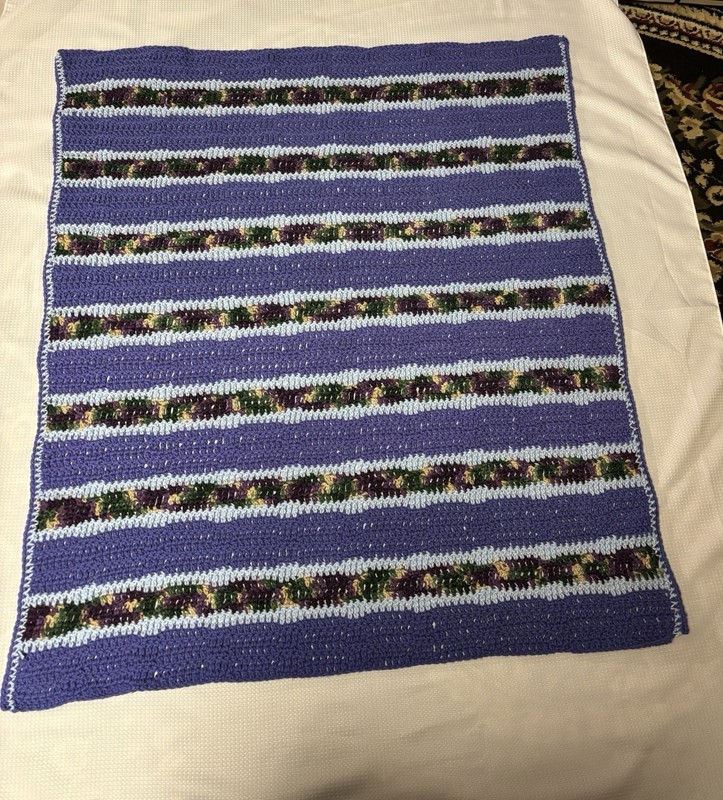 Handmade Crocheted Afghan Throw Lap Blanket Purple & Multi Stripe 48” x 41” NEW gallery