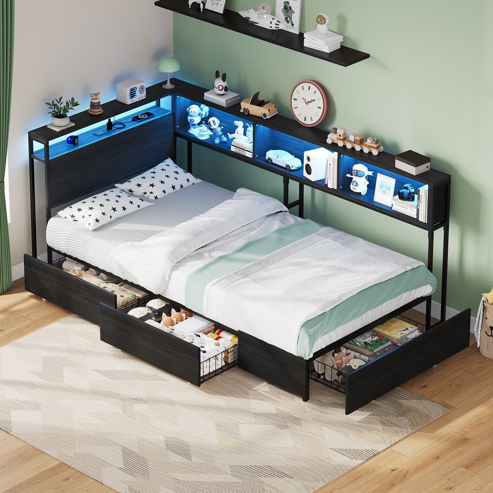 Twin Corner Bed Frame with LED Headboard, Charging Station, Storage Drawers, Bla gallery