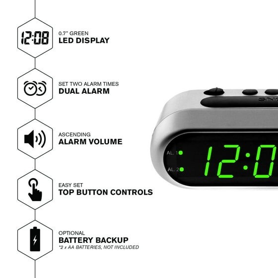 SHARP Digital Dual Alarm Clock, Silver with Green LED Display, Ascending Alarm gallery