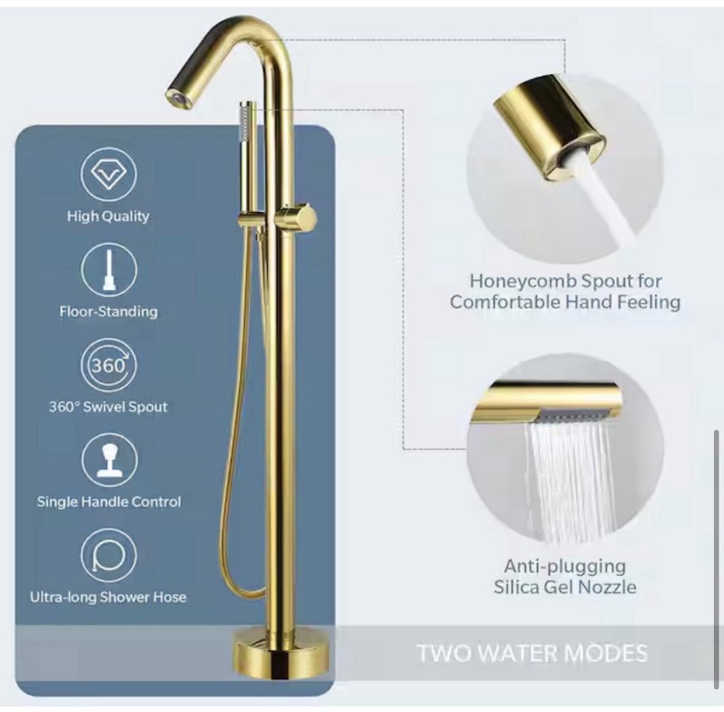AKLFGN Single-Handle Freestanding Floor Mount Roman Tub Faucet Brushed Gold gallery