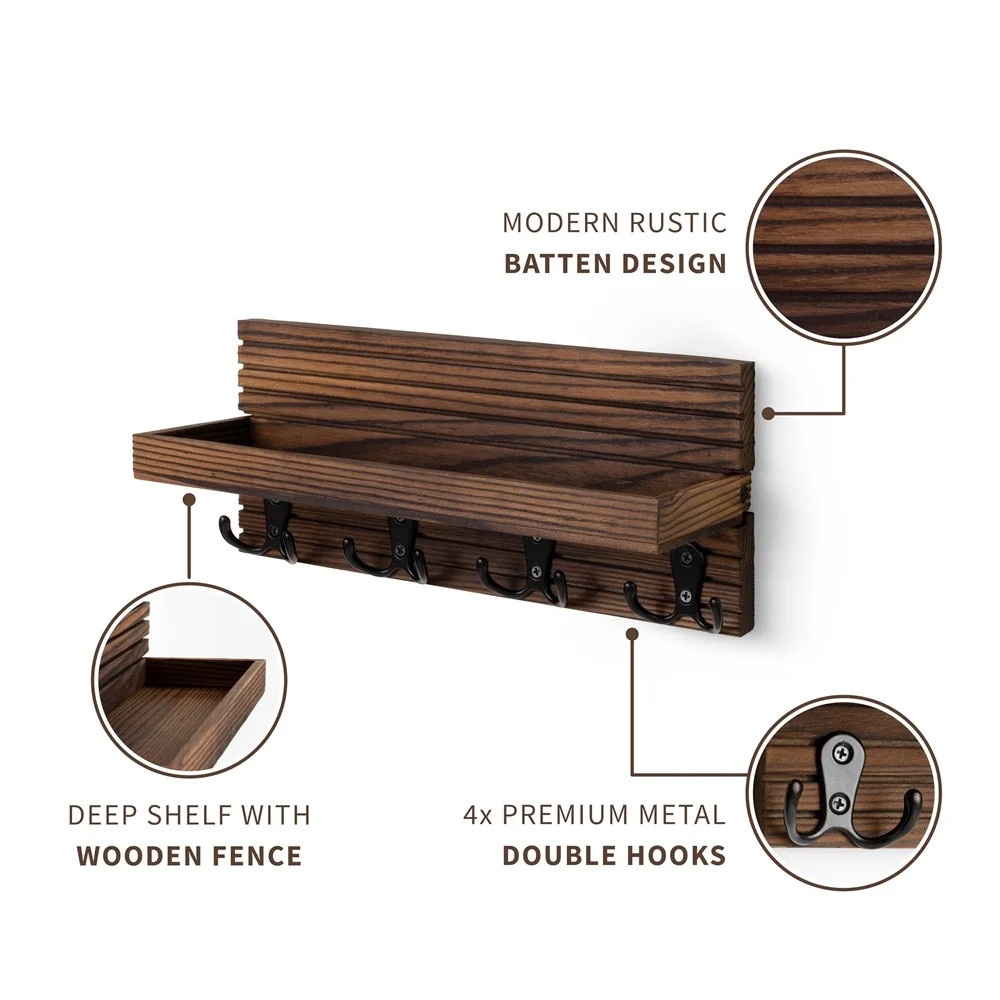 Rustic Wooden Entryway Mail Organizer Wall Mounted Key Holder with 4 Hooks gallery