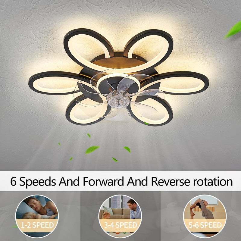 Modern Black-Star Flush Mount Ceiling Fan with Dimmable LED Light & Remote gallery
