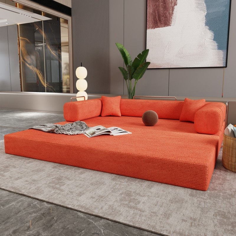Sleeper Sofa Bed 2-Seater Convertible Couch Corduroy Foam Orange gallery