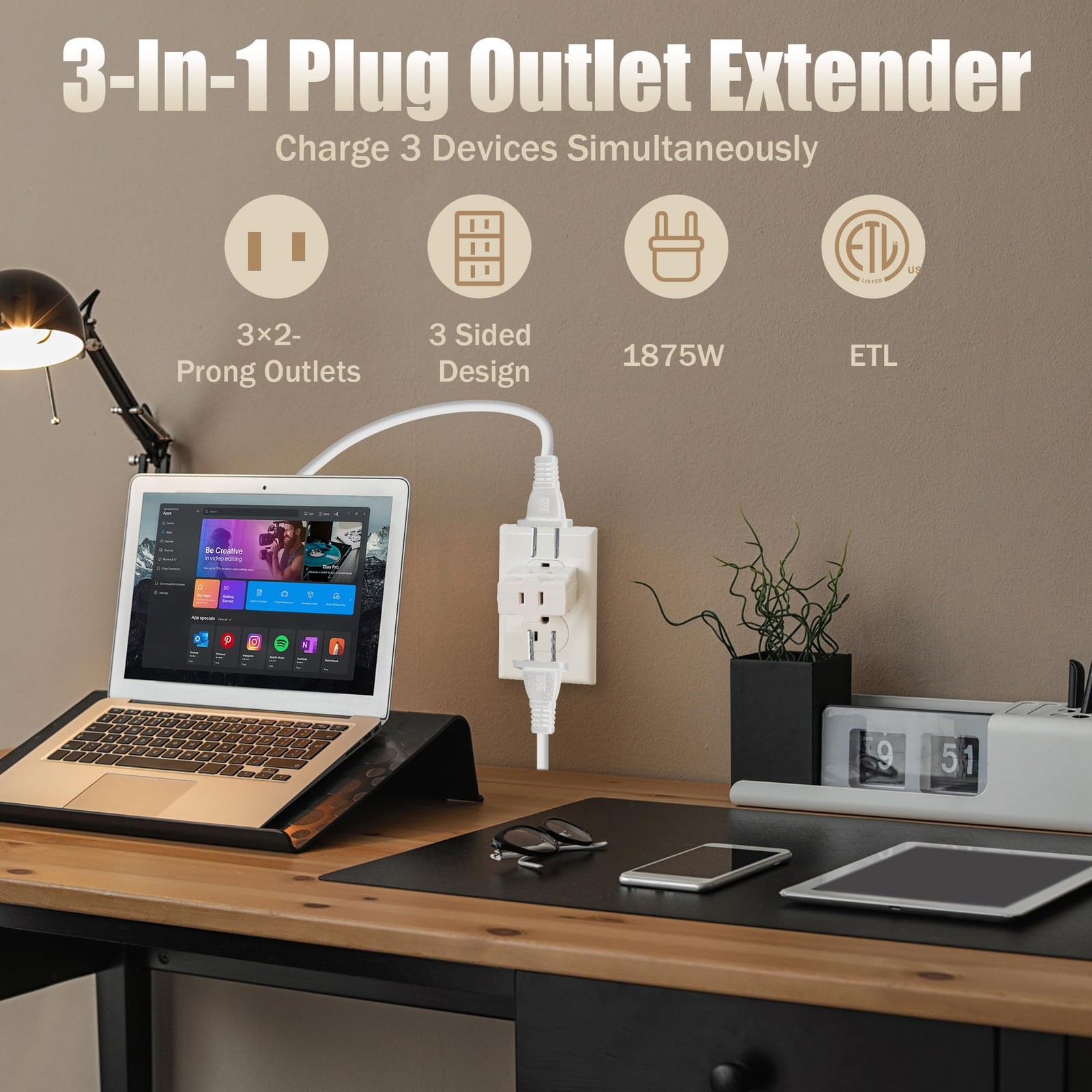 2-Prong 3-Outlet Polarized Wall Extender 2 Pack - 2 Pack, 2 Prong gallery