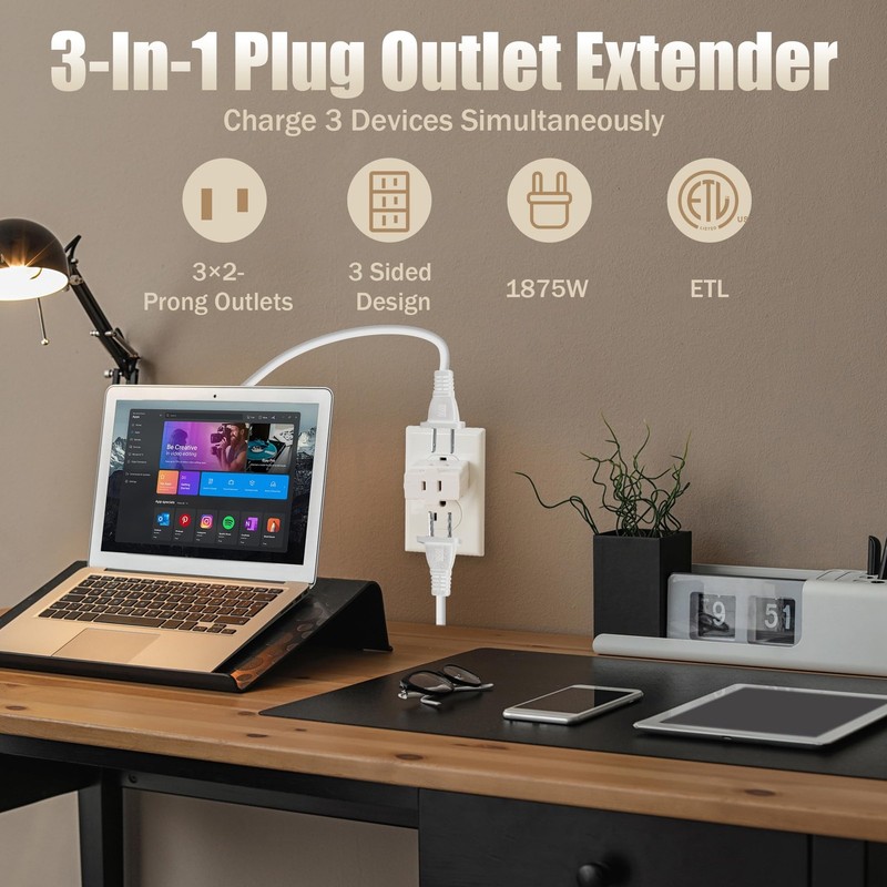 2-Prong 3-Outlet Polarized Wall Extender 2 Pack - 2 Pack, 2 Prong gallery