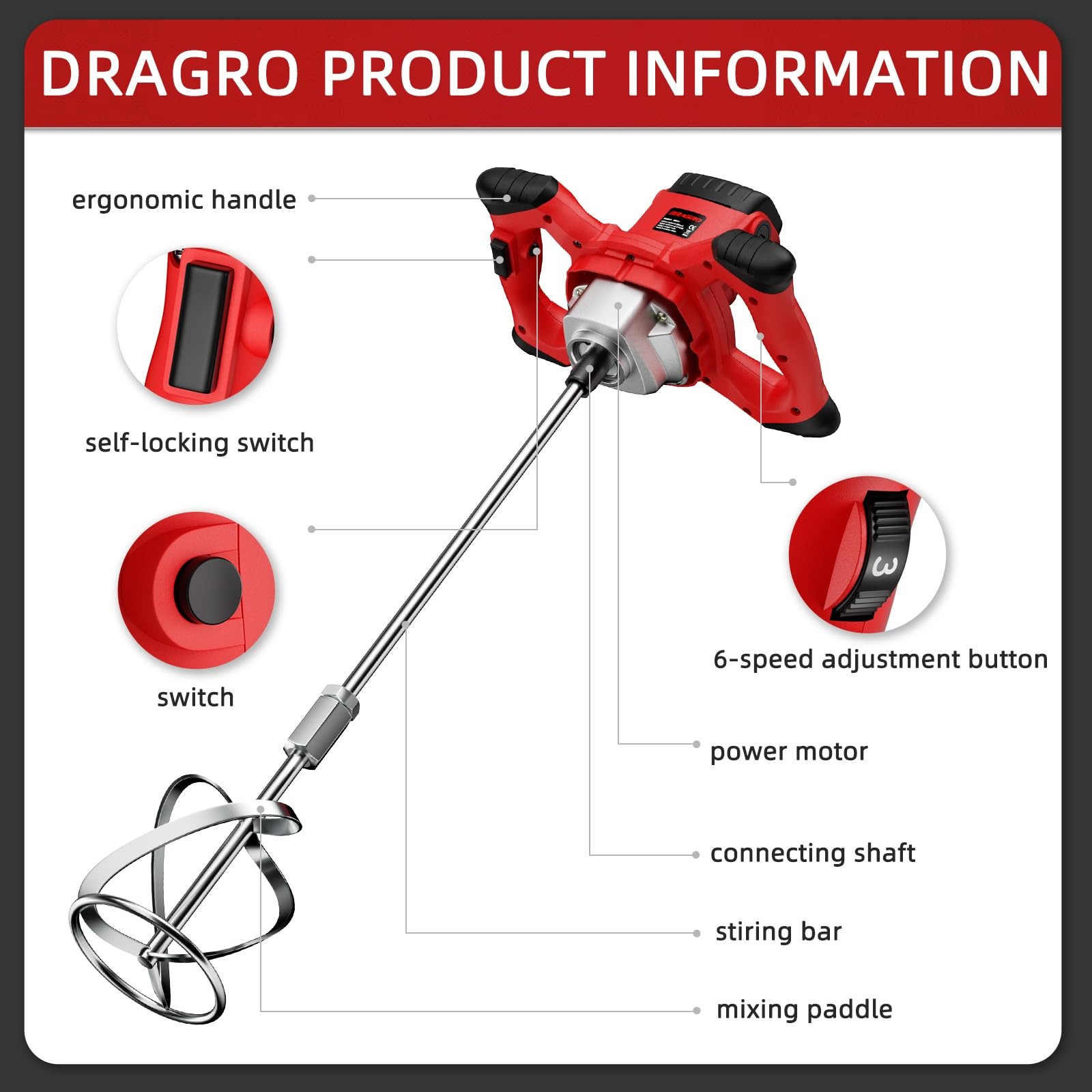 Dragro Electric Cement Mixer, 2100W Handheld Concrete Mixer with 6... gallery