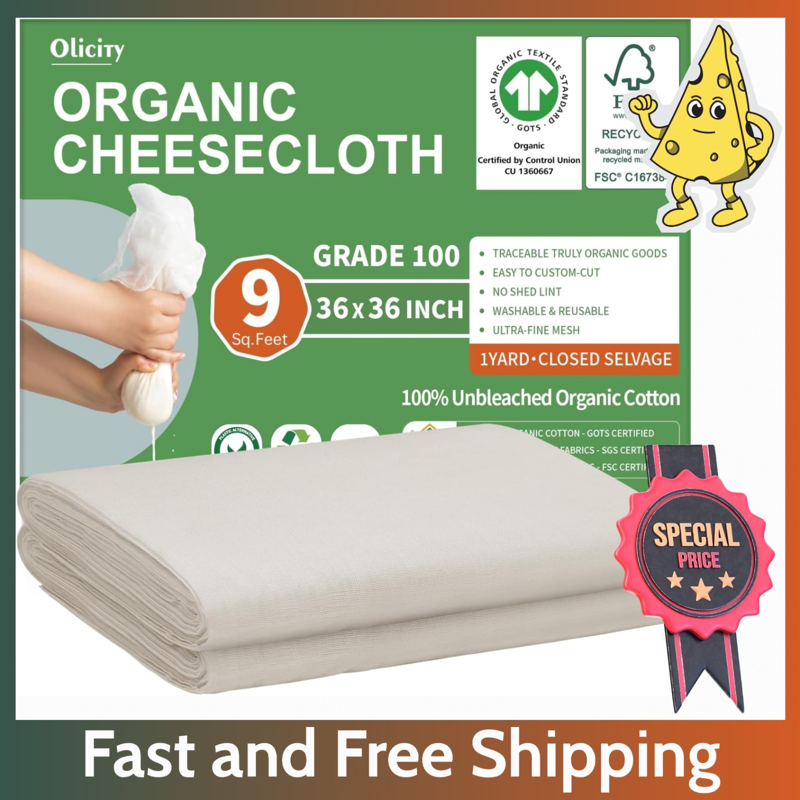 Organic Cheese Cloth 36x36”– GOTS Certified, Grade 100, Unbleached Cotton Muslim gallery