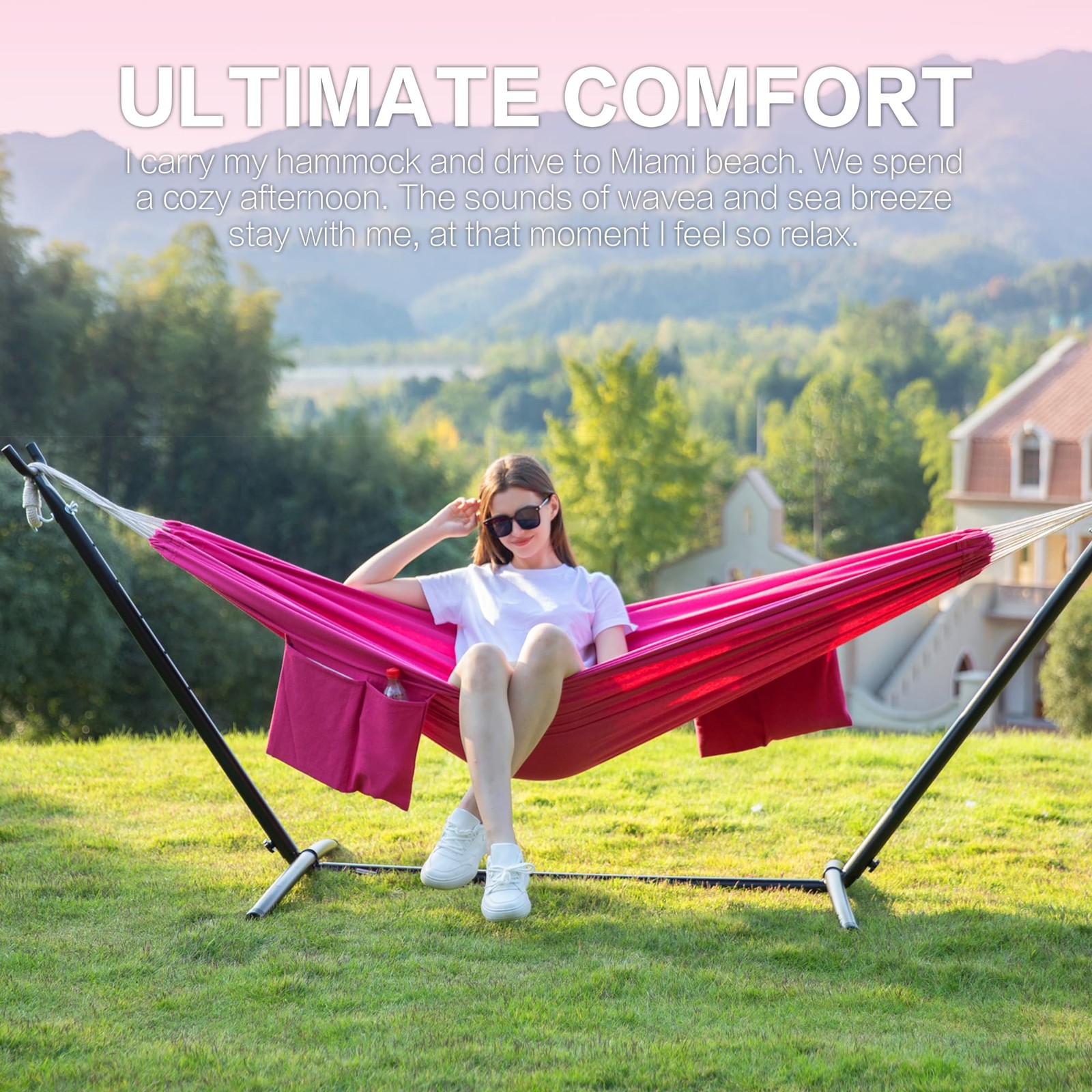 Double Hammock 450 lb Capacity Portable Heavy Duty Steel Stand Rose Pink PNAEUT gallery