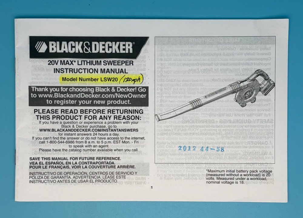 Black & Decker - 20V Max Lithium Sweeper - Owners Instruction Manual - LSW20
