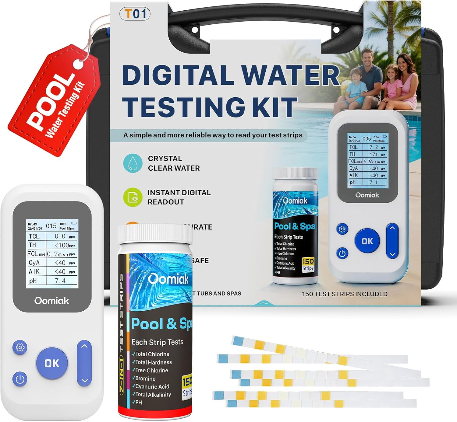 Digital Pool Water Test Kit with 150 Test Strips, 7-In-1 Professional Electroni gallery
