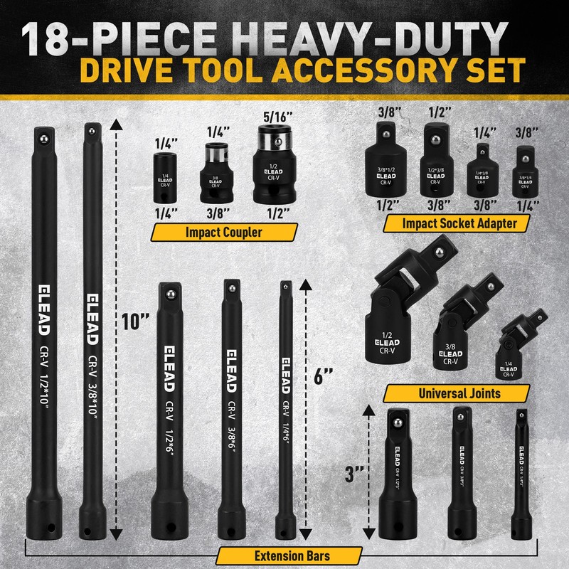 18PCS Impact Socket Extension Set 1/4" 3/8" 1/2" Drive Adapter Swivel Joints gallery